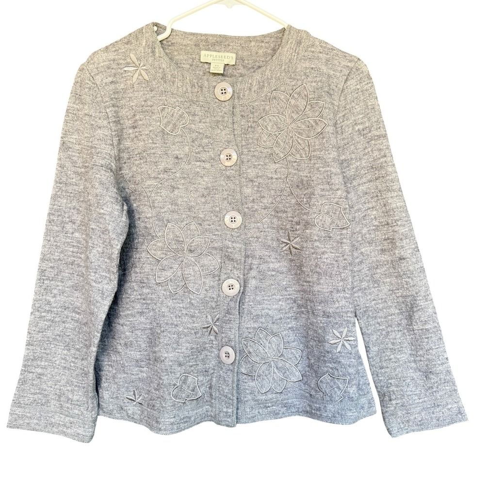 Appleseed's Cardigan Sweater Womens PS Gray Floral Embroidered Button Wool